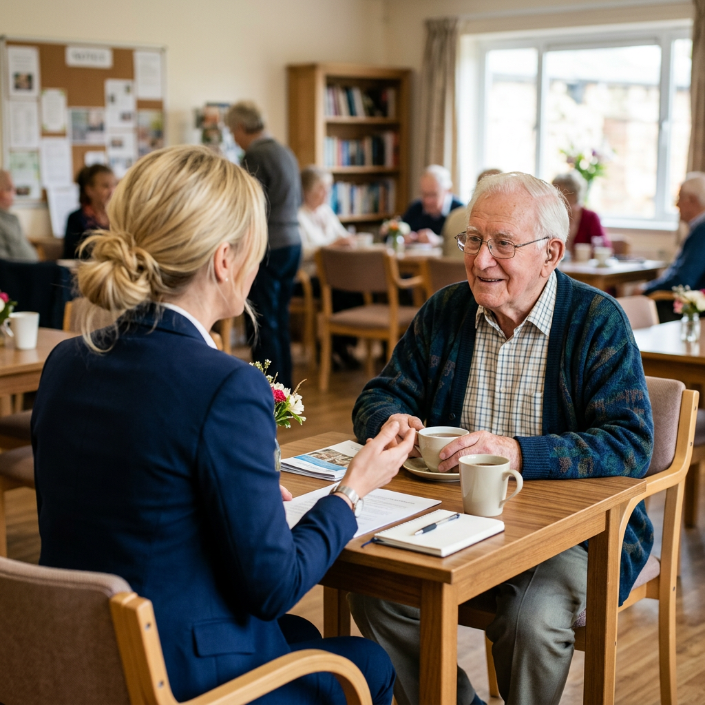 Elderly man and female caregiver talking at a table with tea cups