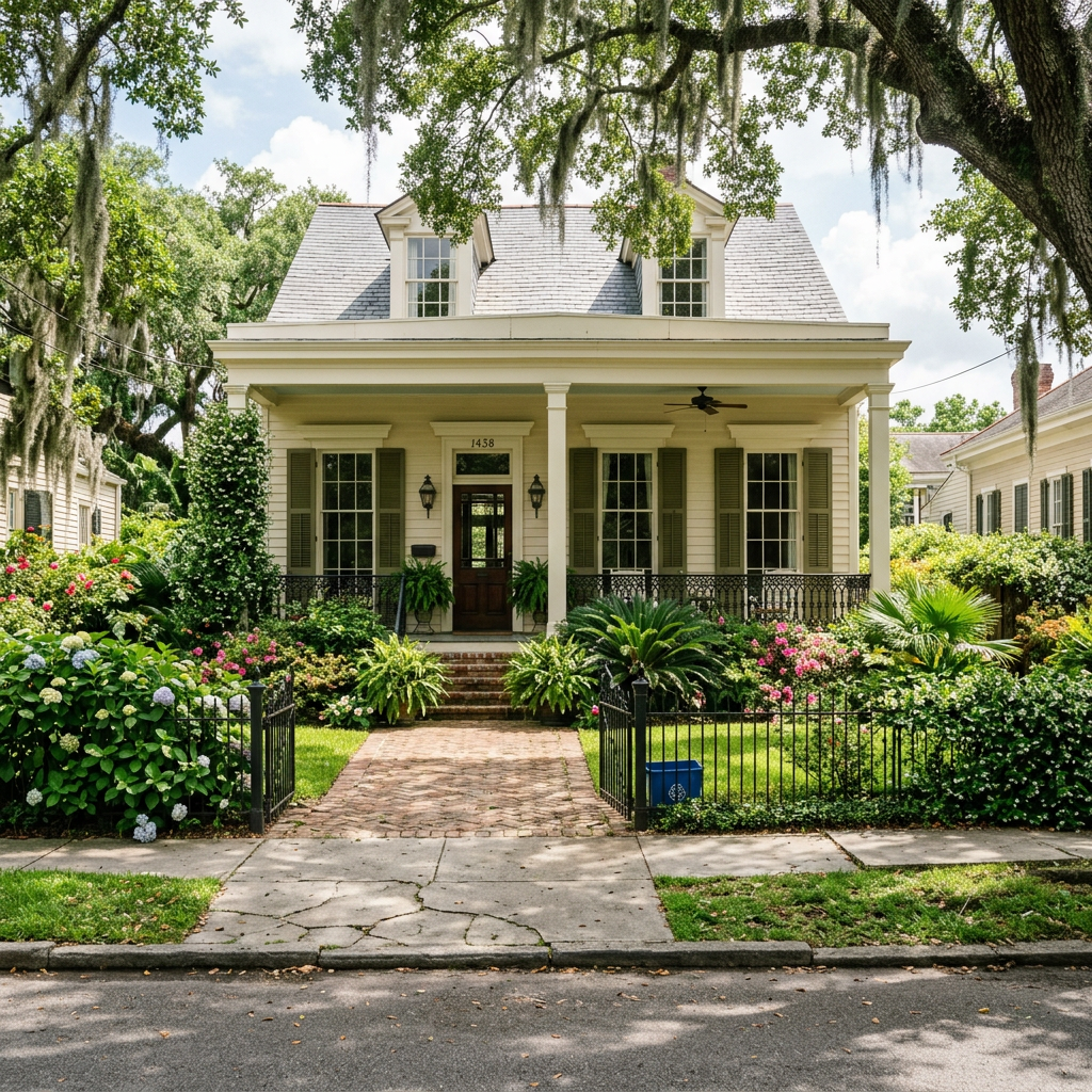 Southern-style cottage with white siding, porch, and colorful garden
