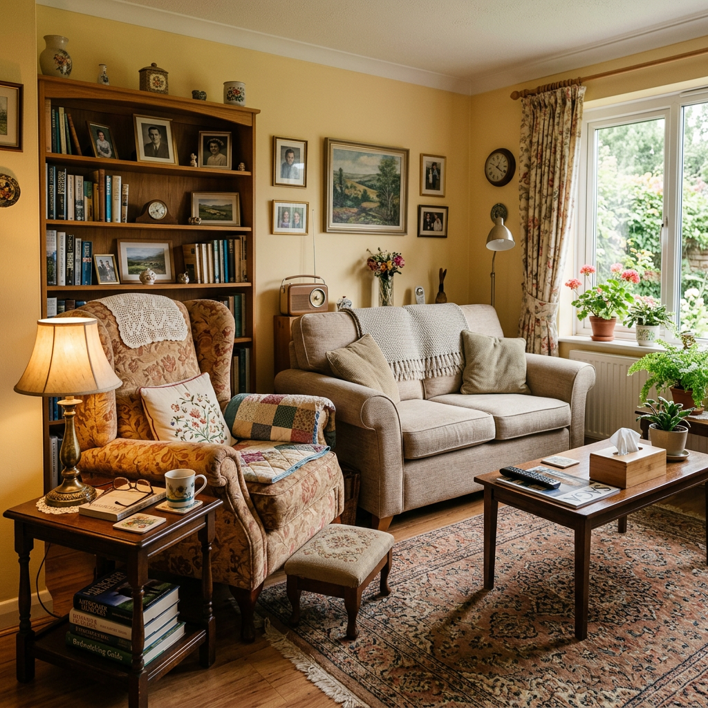 Living room with armchair, sofa, bookshelf, coffee table, and window with plants