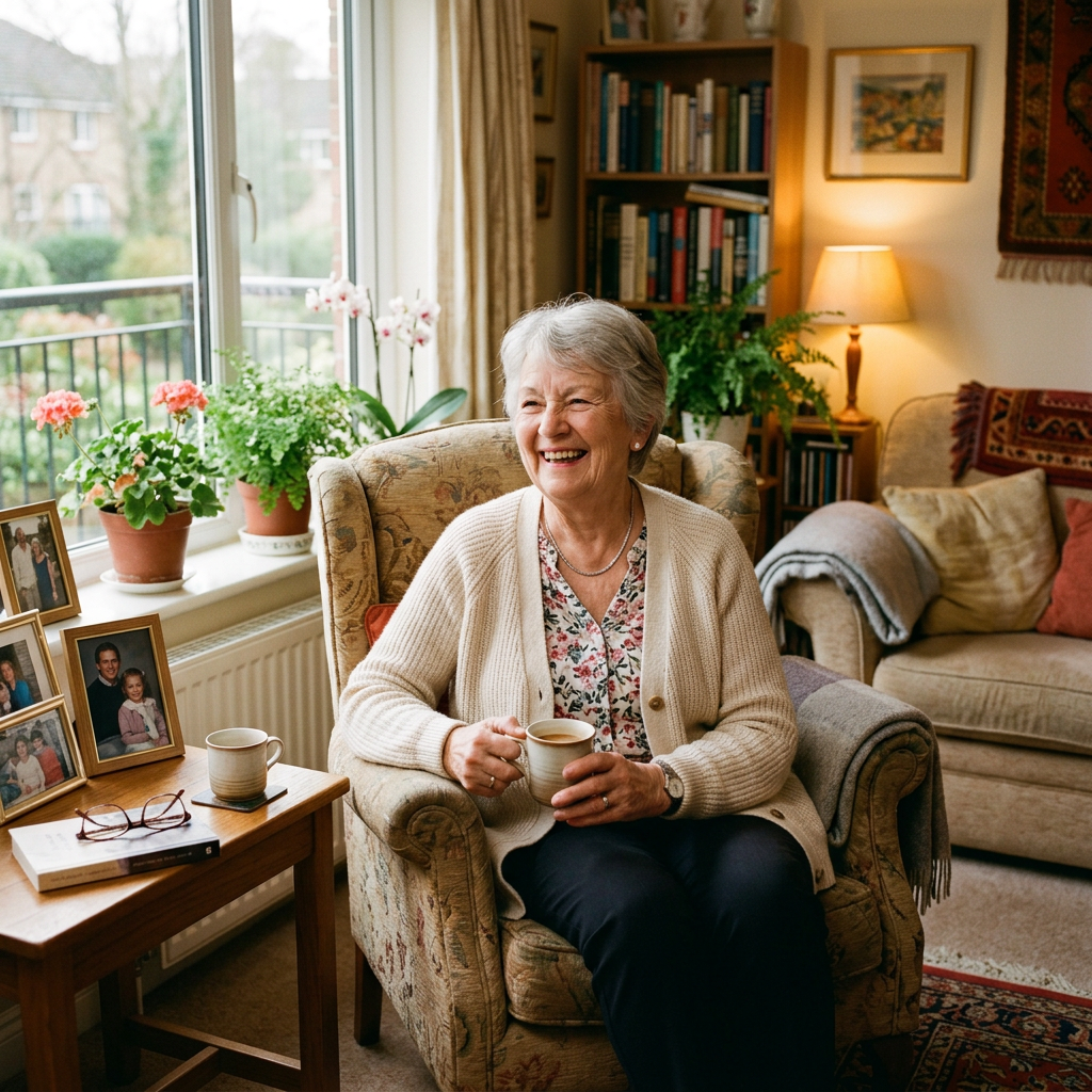 Elderly woman smiling and holding a cup of tea in a comfortable armchair